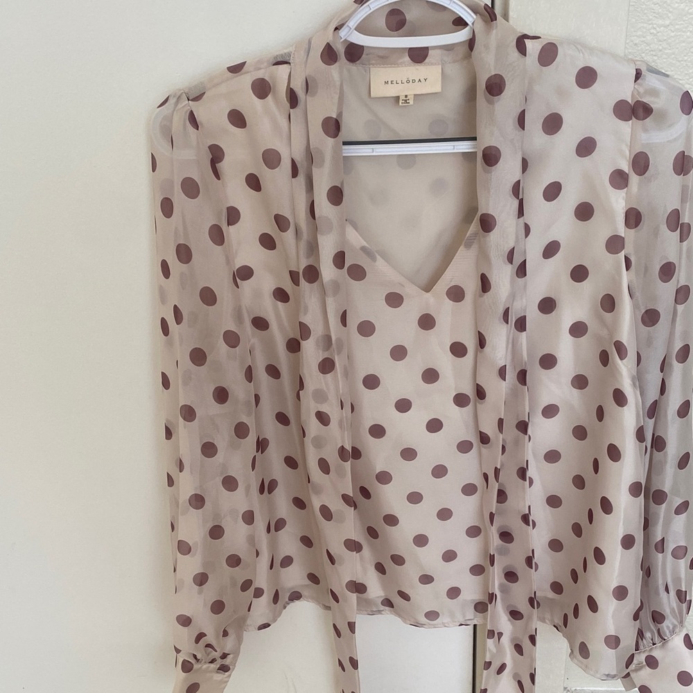 MELLODAY  Blouse with Polka Dots - Cream and Brown